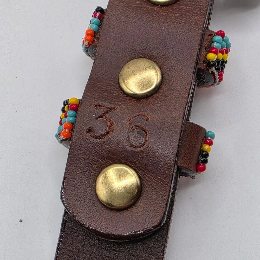 Stump Western Beaded Leather Belt Brown Southwestern Whipstitch‎ Buckle Size 36